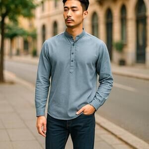 Khaadi Man Men’s Long Sleeve 1/4 Button Up Size Large Blue 100% Cotton